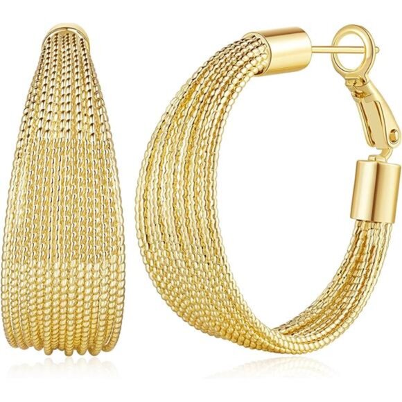 Hoop Earring 14K Gold Hoops for Women Tri-Texture Gold...